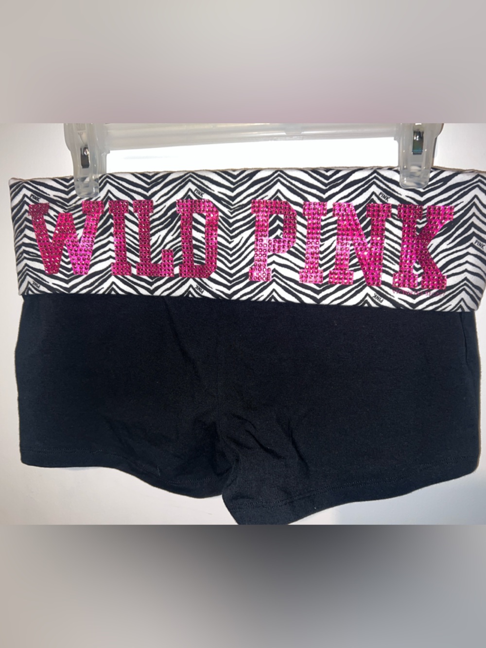 PINK Victoria's Secret Black Athletic Shorts with Zebra Waistband and Pink Logo